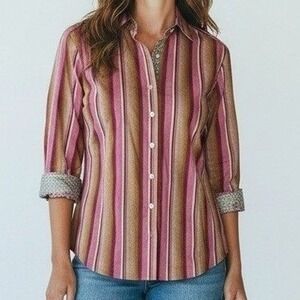 Robert Graham Shirt Women Small Pink Button Up‎ Striped Cotton Silk Western